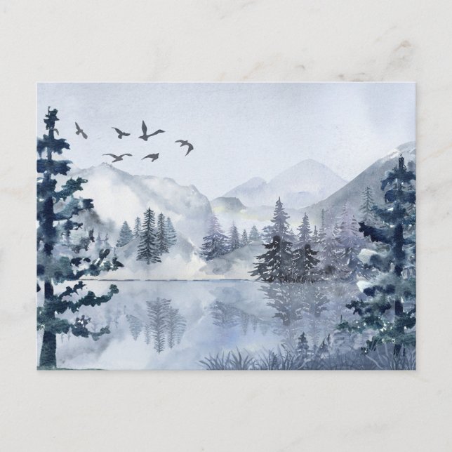 Watercolour mountain lake winter landscape   holiday postcard (Front)