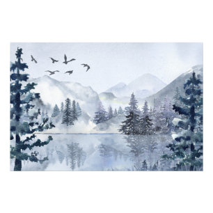 Watercolour mountain lake winter landscape photo print