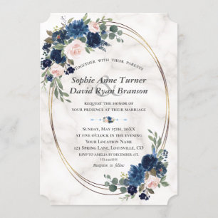 Watercolour Navy Blue Blush Flowers Marble Wedding Invitation