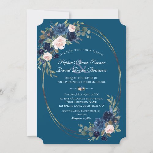 Watercolour Navy Blue Blush Flowers Wedding Invitation