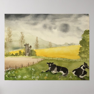 Watercolour of English Countryside Fields & Cows Poster