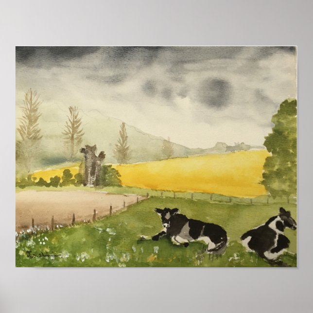 Watercolour of English Countryside Fields & Cows Poster (Front)