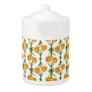 Watercolour Orange Daisy Pattern Teapot