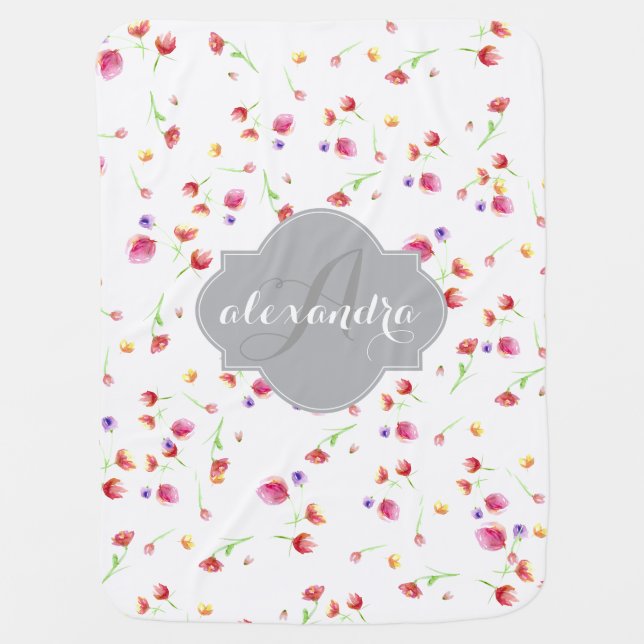 Watercolour painted, tulips, monogram blanket (Front)