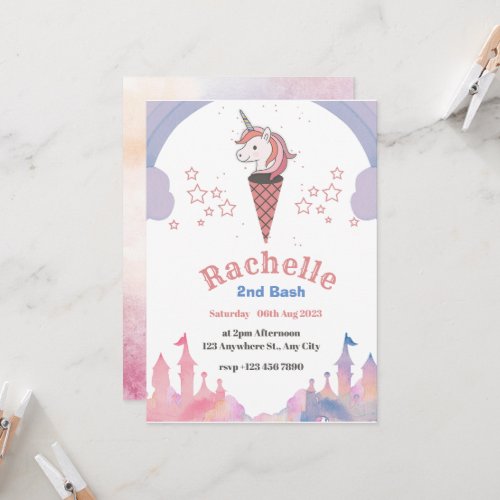 Watercolour Pastel Unicorn Boho Style Birthday Invitation