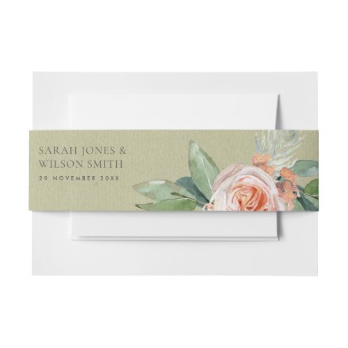 WATERCOLOUR PEACH FLOWER FOLIAGE SAVE THE DATE INVITATION BELLY BAND
