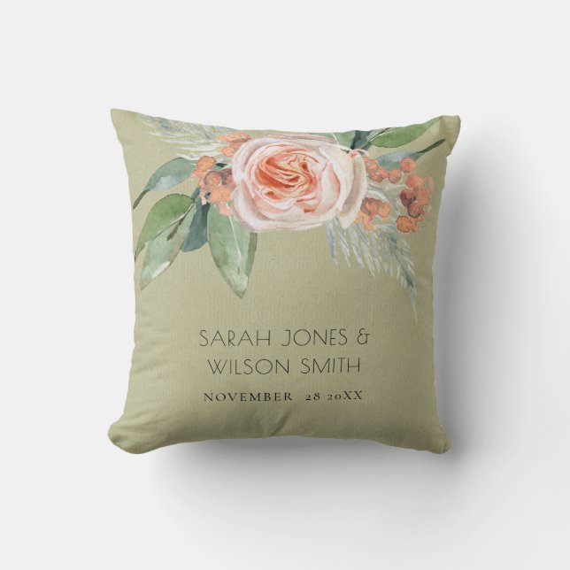 WATERCOLOUR PEACH FLOWER FOLIAGE SAVE THE DATE THROW PILLOW (Front)
