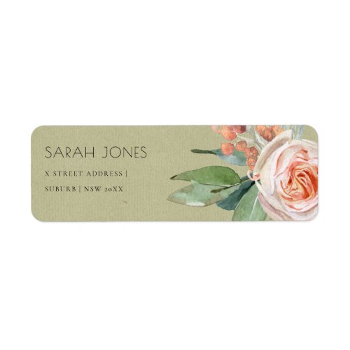 WATERCOLOUR PEACH FLOWER GREEN FOLIAGE  ADDRESS LABEL