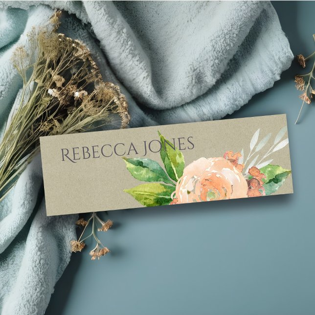 WATERCOLOUR PEACH FLOWER GREEN FOLIAGE ADDRESS MINI BUSINESS CARD (Creator Uploaded)