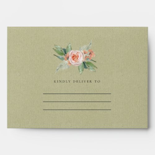 WATERCOLOUR PEACH FLOWER GREEN FOLIAGE MONOGRAM ENVELOPE