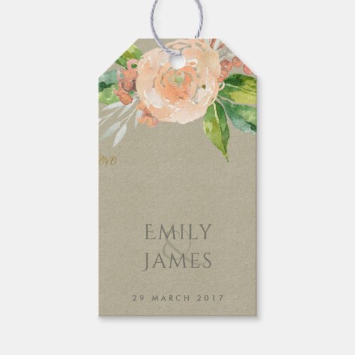 WATERCOLOUR PEACH FLOWER GREEN FOLIAGE MONOGRAM GIFT TAGS