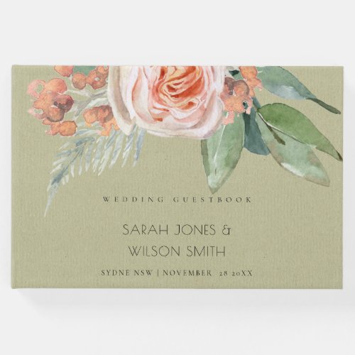 WATERCOLOUR PEACH FLOWER GREEN FOLIAGE MONOGRAM GUEST BOOK