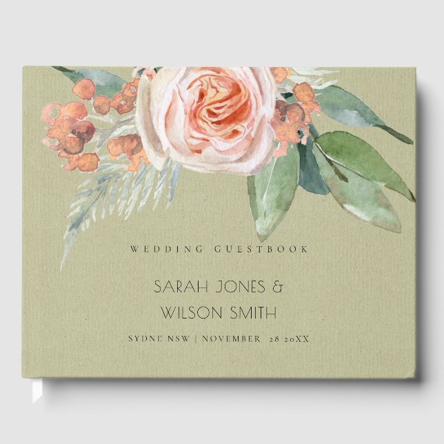 WATERCOLOUR PEACH FLOWER GREEN FOLIAGE MONOGRAM GUEST BOOK (Front)