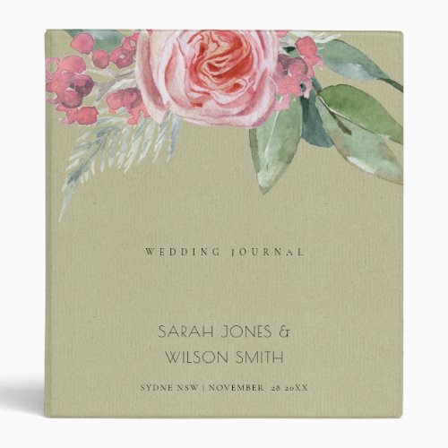 WATERCOLOUR PEACH FLOWER GREEN FOLIAGE WEDDING 3 RING BINDER