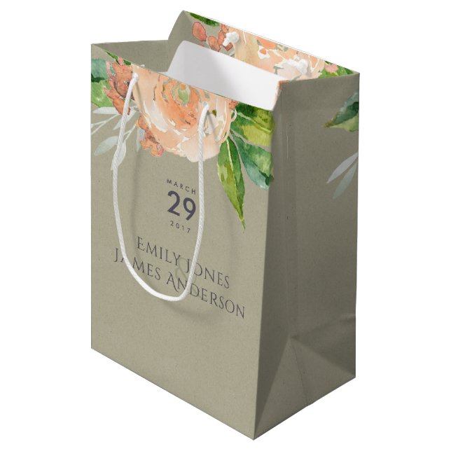 WATERCOLOUR PEACH FLOWER GREEN FOLIAGE  WEDDING MEDIUM GIFT BAG (Front Angled)