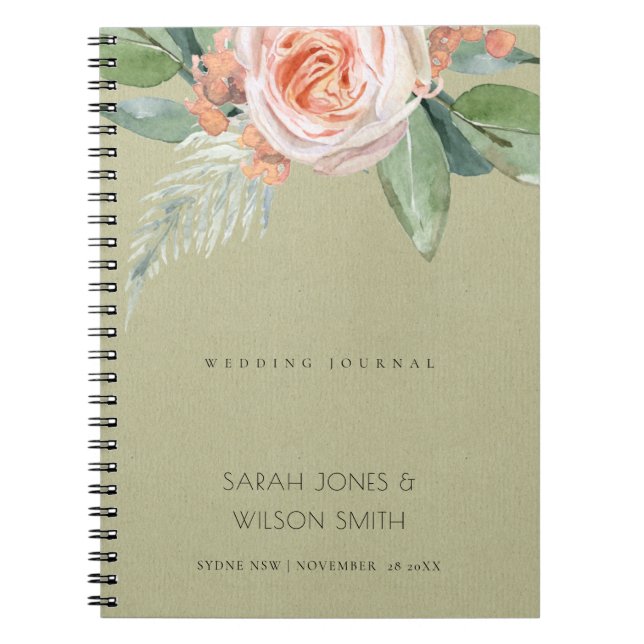 WATERCOLOUR PEACH FLOWER GREEN FOLIAGE WEDDING NOTEBOOK (Front)