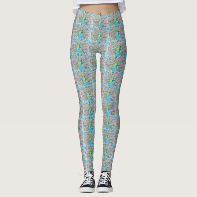 Watercolour Peacock Painting Leggings (Front)
