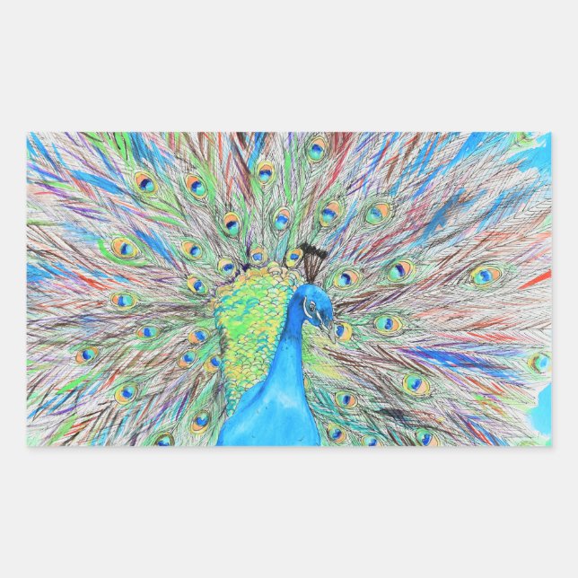 Watercolour Peacock Painting Rectangular Sticker (Front)