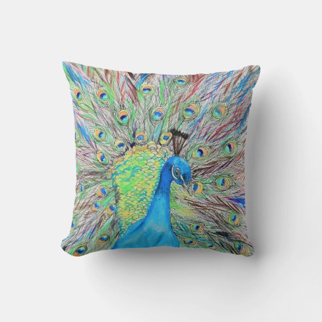 Watercolour Peacock Painting Throw Pillow (Front)