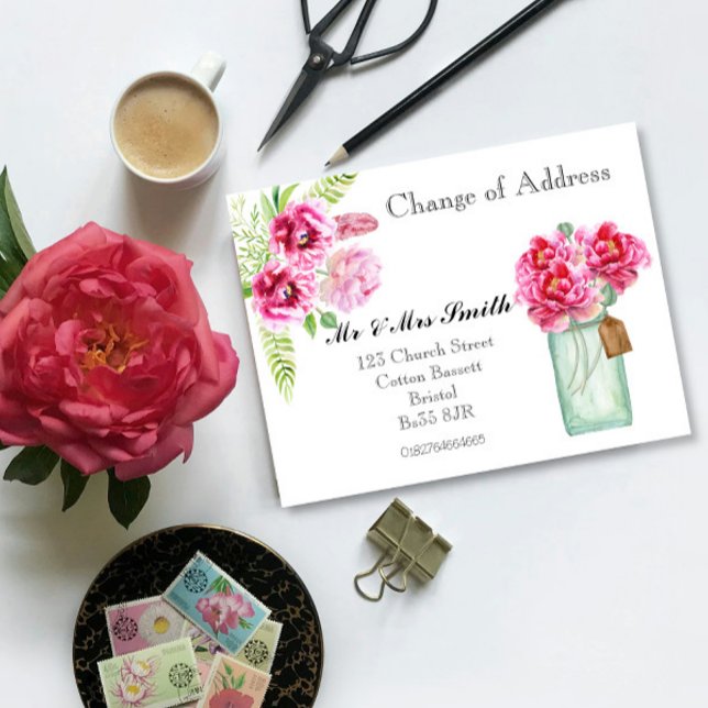 Watercolour Peony Change of Address Postcard (Creator Uploaded)