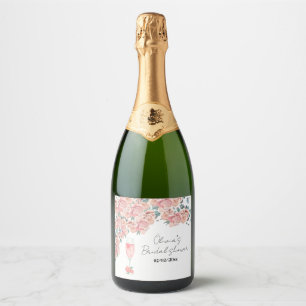 Watercolour petals & prosecco summer bridal shower sparkling wine label