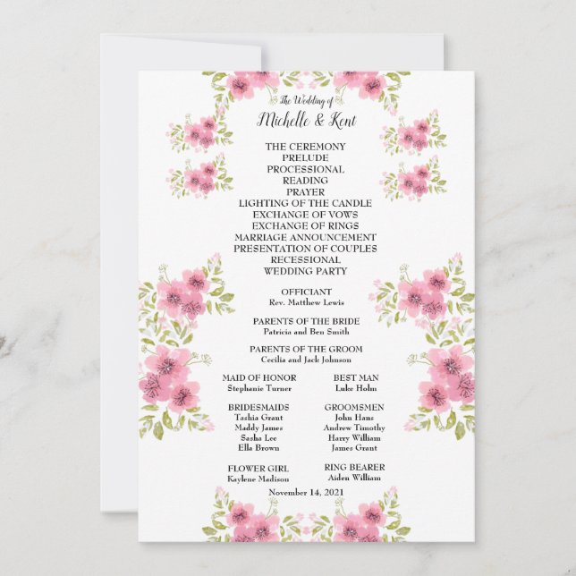 Watercolour Pink Anemone Wedding Program & Menu (Front)