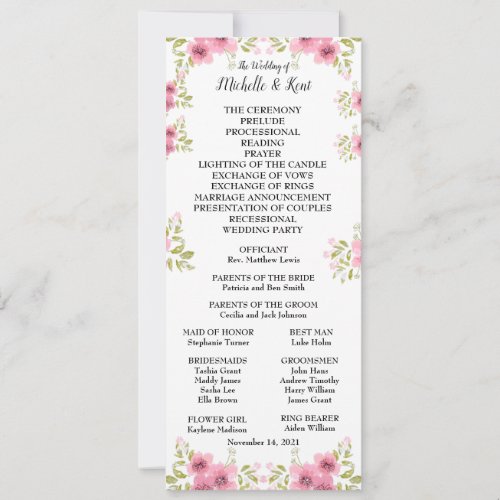 Watercolour Pink Anemone Wedding Program  Menu