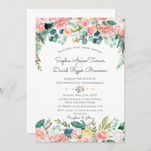 Watercolour Pink Blush Flowers Frame Wedding Invitation