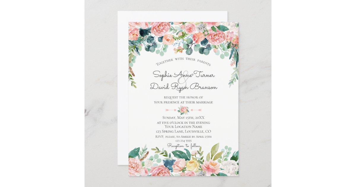 Watercolour Pink Blush Flowers Frame Wedding Invitation | Zazzle