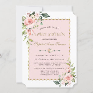 Watercolour Pink Blush Flowers Gold Sweet 16 Invitation
