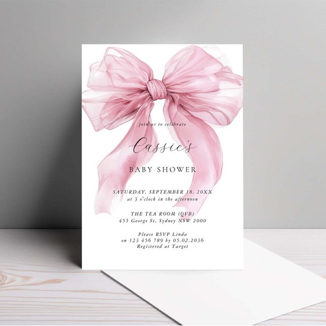 Watercolour Pink Bow Ribbon Baby Shower Invitation (Creator Uploaded)