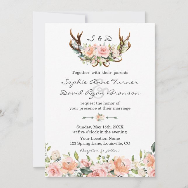 Watercolour Pink Cream Floral Antlers Wedding Invitation (Front)