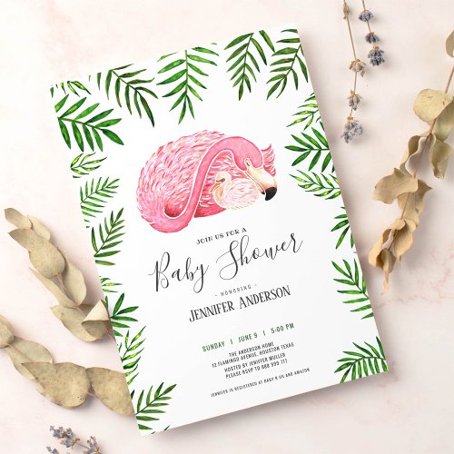 Watercolour Pink Flamingo baby shower invitations