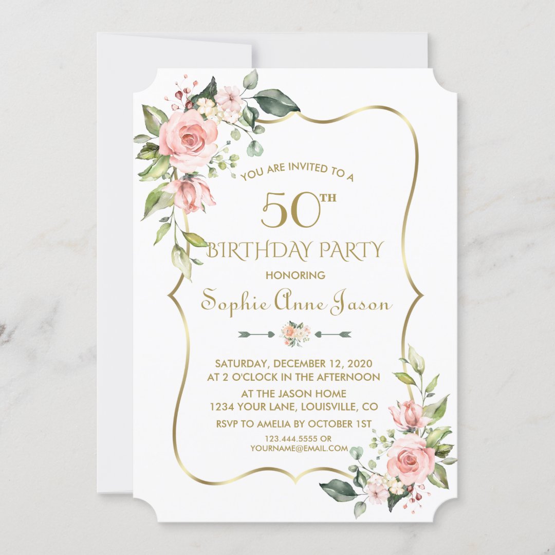 Watercolour Pink Floral Gold Frame 50th Birthday Invitation | Zazzle