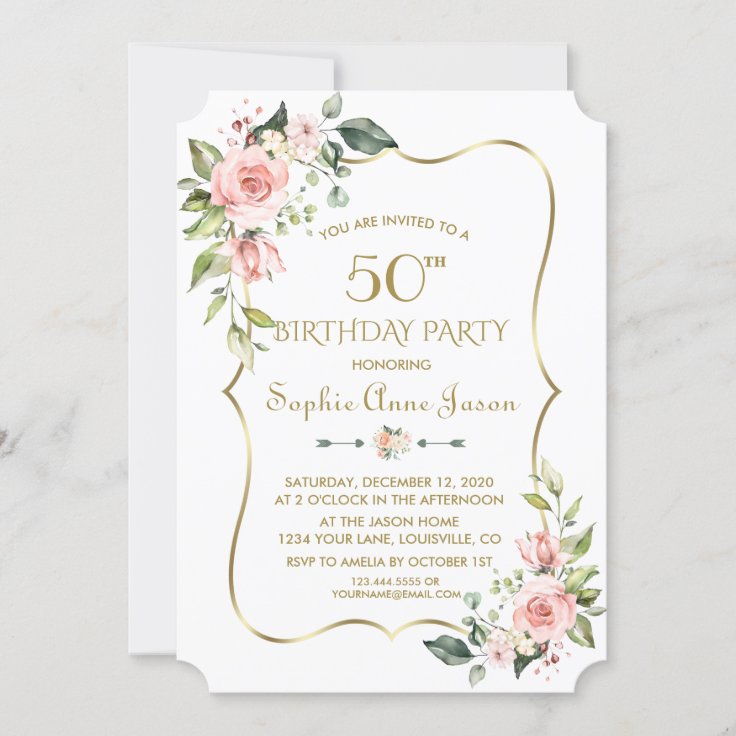 Watercolour Pink Floral Gold Frame 50th Birthday Invitation 