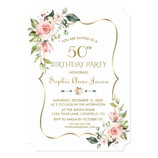 Watercolour Pink Floral Gold Frame 50th Birthday Invitation | Zazzle.com