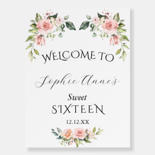 Watercolour Pink Floral Sweet 16 Welcome Sign