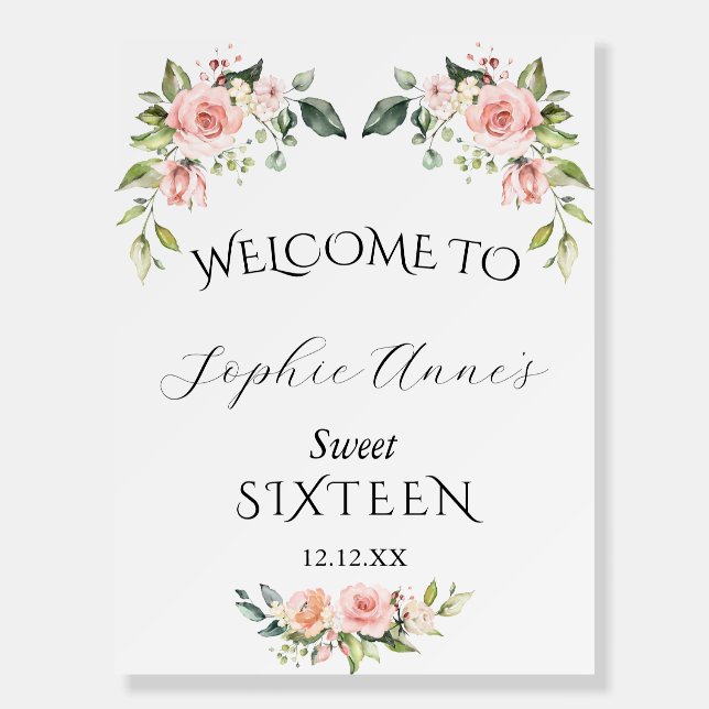 Watercolour Pink Floral Sweet 16 Welcome Sign (Front)