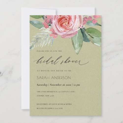 WATERCOLOUR PINK FLOWER FOLIAGE BRIDAL SHOWER INVITATION