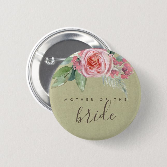WATERCOLOUR PINK FLOWER FOLIAGE MOTHER OF BRIDE BUTTON (Front & Back)