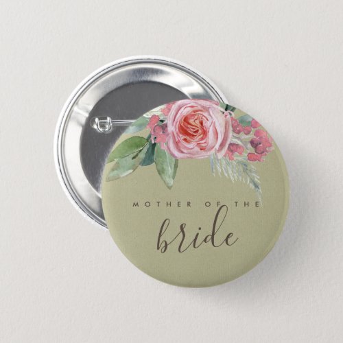 WATERCOLOUR PINK FLOWER FOLIAGE MOTHER OF BRIDE BUTTON