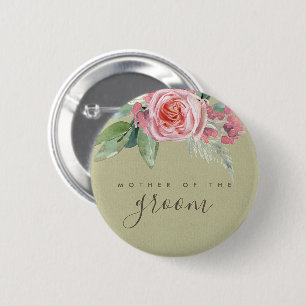 WATERCOLOUR PINK FLOWER FOLIAGE MOTHER OF GROOM BUTTON