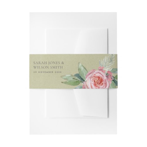 WATERCOLOUR PINK FLOWER FOLIAGE SAVE THE DATE INVITATION BELLY BAND
