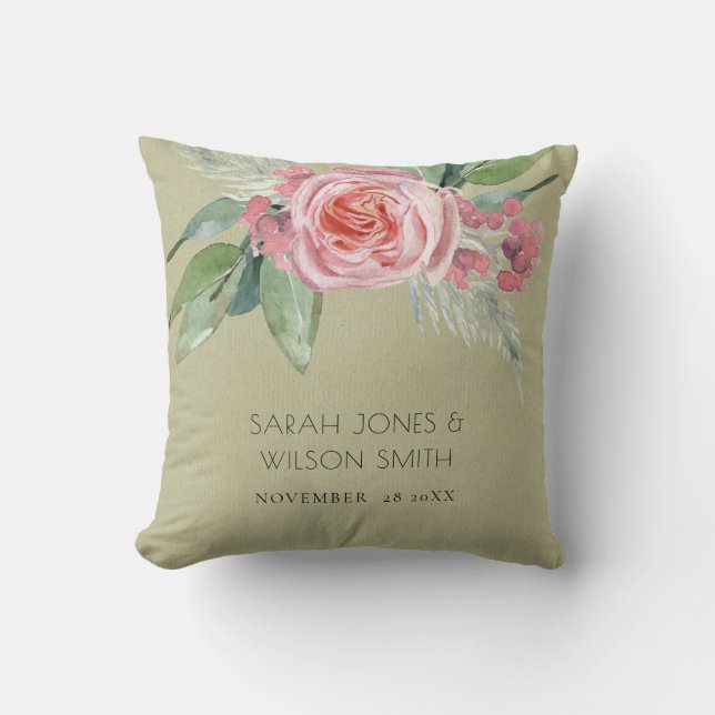 WATERCOLOUR PINK FLOWER FOLIAGE SAVE THE DATE THROW PILLOW (Front)