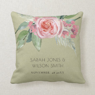 WATERCOLOUR PINK FLOWER FOLIAGE SAVE THE DATE THROW PILLOW