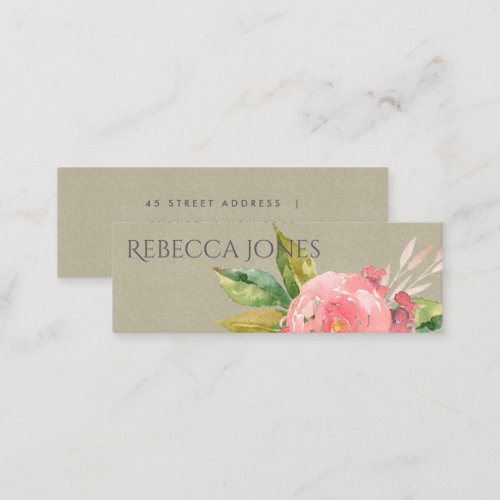 WATERCOLOUR PINK FLOWER GREEN FOLIAGE ADDRESS MINI BUSINESS CARD