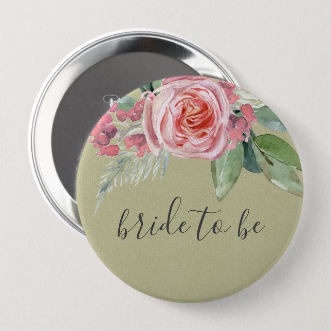 WATERCOLOUR PINK FLOWER GREEN FOLIAGE BRIDE TO BE PINBACK BUTTON (Front & Back)