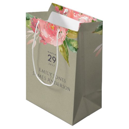 WATERCOLOUR PINK FLOWER GREEN FOLIAGE  WEDDING MEDIUM GIFT BAG