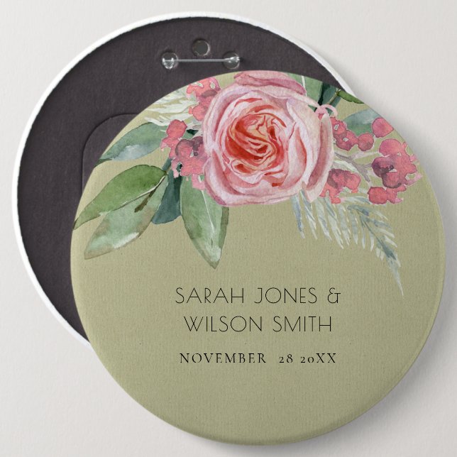 WATERCOLOUR PINK FLOWER GREEN FOLIAGE WEDDING PINBACK BUTTON (Front & Back)