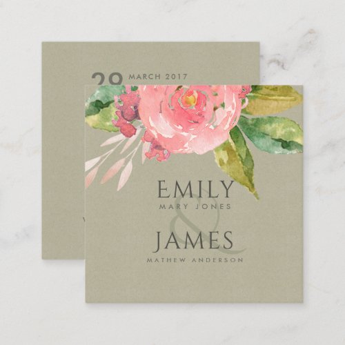 WATERCOLOUR PINK FLOWER GREEN FOLIAGE  WEDDING SQUARE BUSINESS CARD
